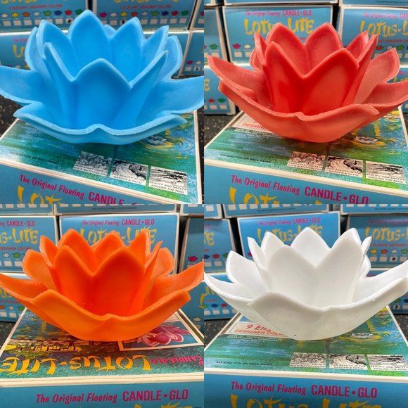 4 Vtg Lotus Lite Candle Glo Floating Pool Candles Tiki MCM Red Orange Blue White - Picture 1 of 11